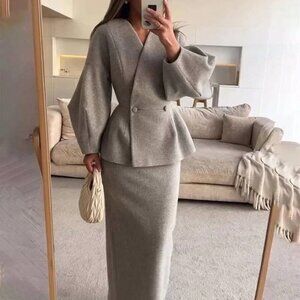 Light Grey Elegant Women's Casual Button Front Two Pieces Suit